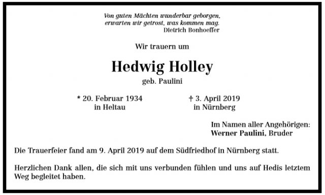 Paulini Hedwig 1934-2019 Todesanzeige